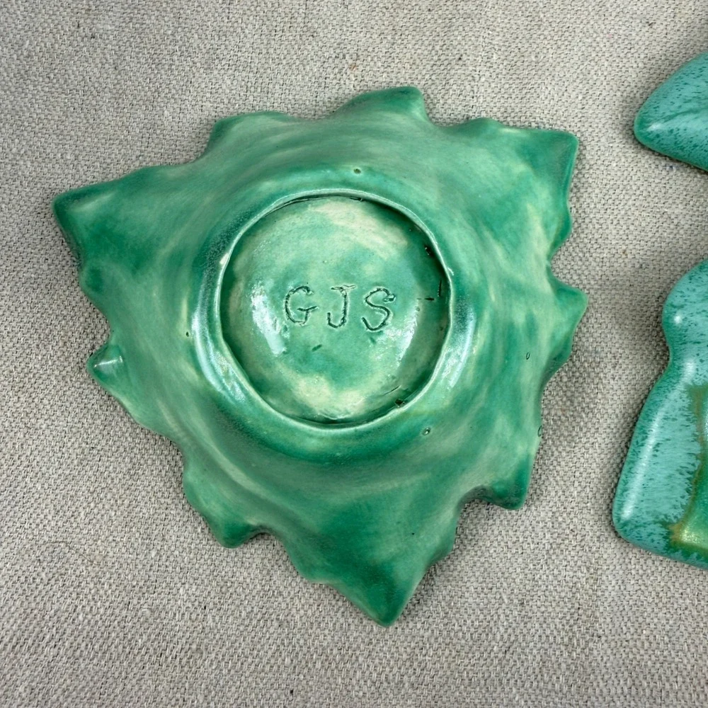 Vintage Green Leaf Chip and Dip‎ Set Signed GJS Studio Pottery Mid Century Style